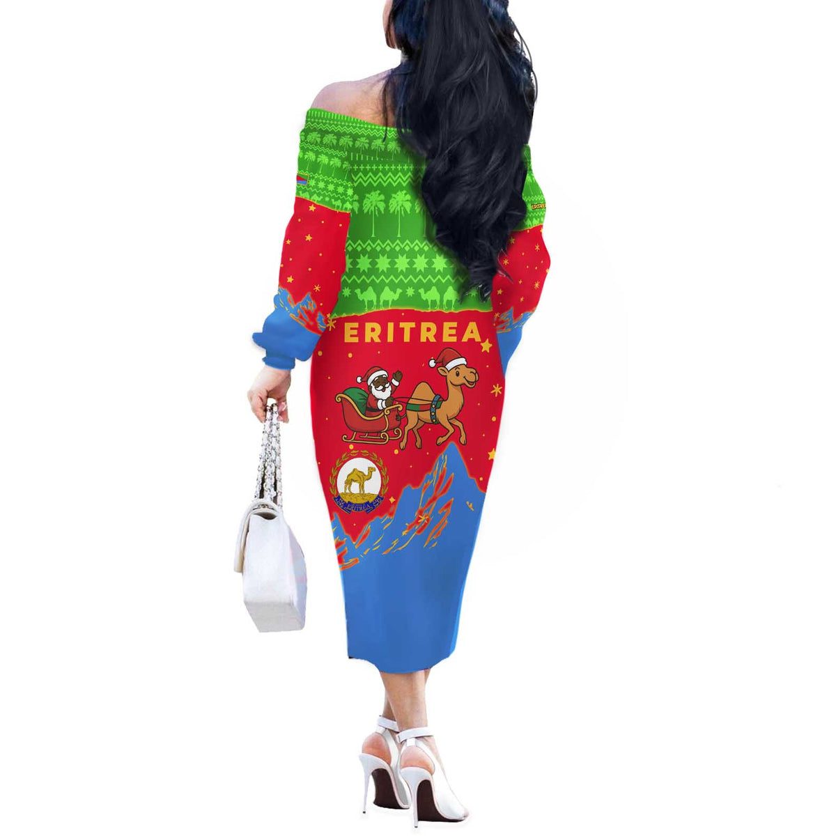 Eritrea Christmas Off The Shoulder Long Sleeve Dress with Santa Claus Camel Sleigh National Emblem and Red Green Blue Pattern - Wonder Print Shop