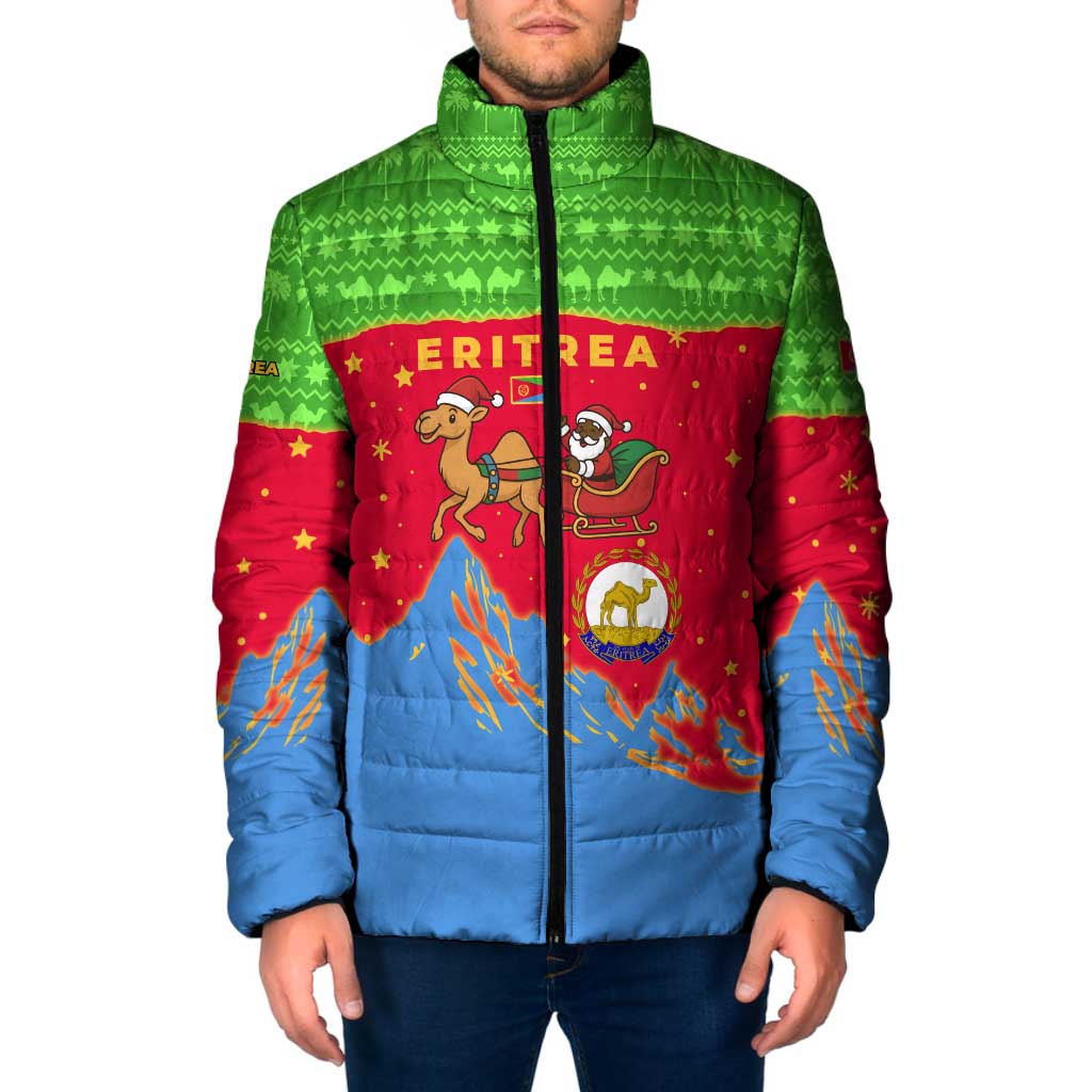 Eritrea Christmas Padded Jacket with Santa Claus Camel Sleigh National Emblem and Red Green Blue Pattern - Wonder Print Shop