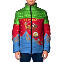 Eritrea Christmas Padded Jacket with Santa Claus Camel Sleigh National Emblem and Red Green Blue Pattern - Wonder Print Shop