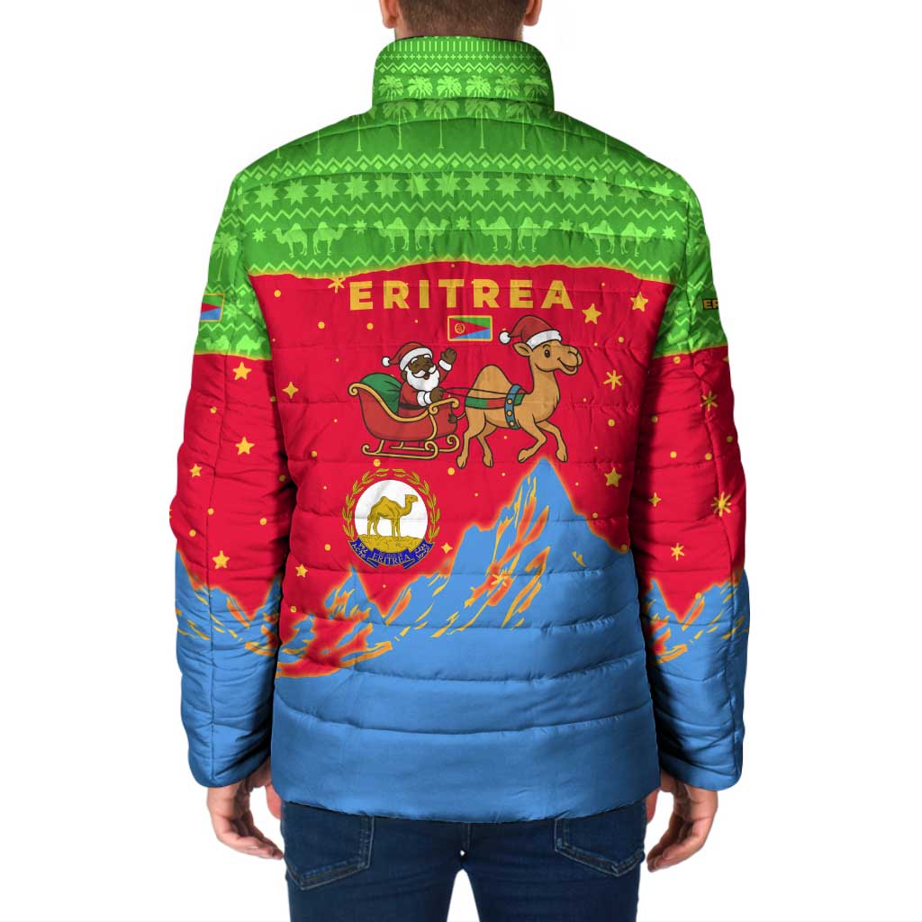 Eritrea Christmas Padded Jacket with Santa Claus Camel Sleigh National Emblem and Red Green Blue Pattern - Wonder Print Shop