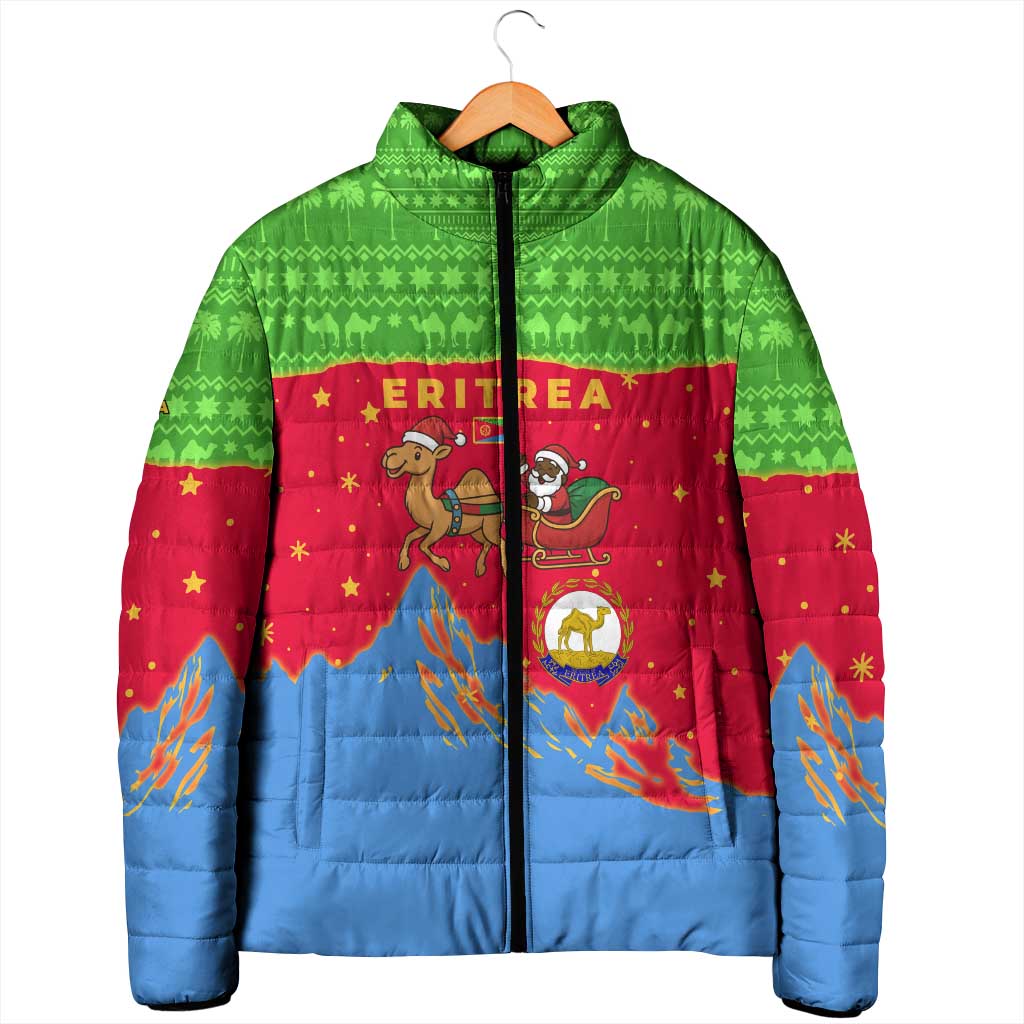 Eritrea Christmas Padded Jacket with Santa Claus Camel Sleigh National Emblem and Red Green Blue Pattern - Wonder Print Shop