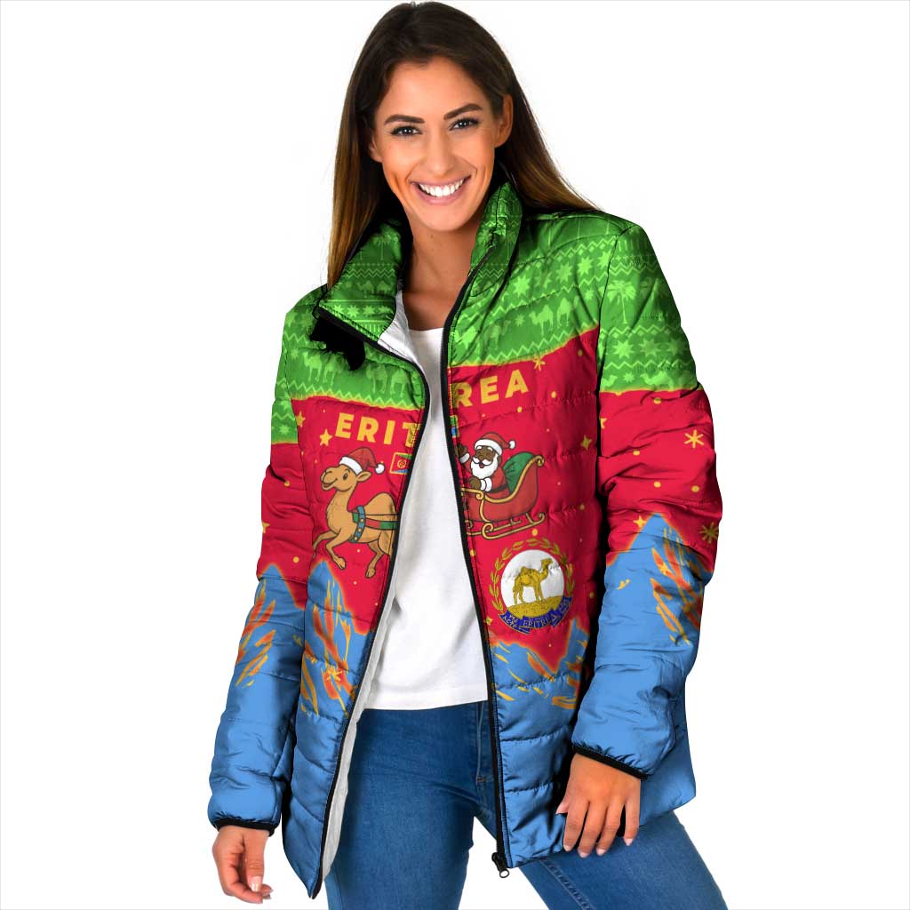 Eritrea Christmas Padded Jacket with Santa Claus Camel Sleigh National Emblem and Red Green Blue Pattern - Wonder Print Shop