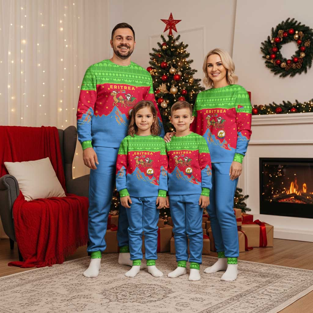 Eritrea Christmas Pajama Set with Santa Claus Camel Sleigh National Emblem and Red Green Blue Pattern - Wonder Print Shop