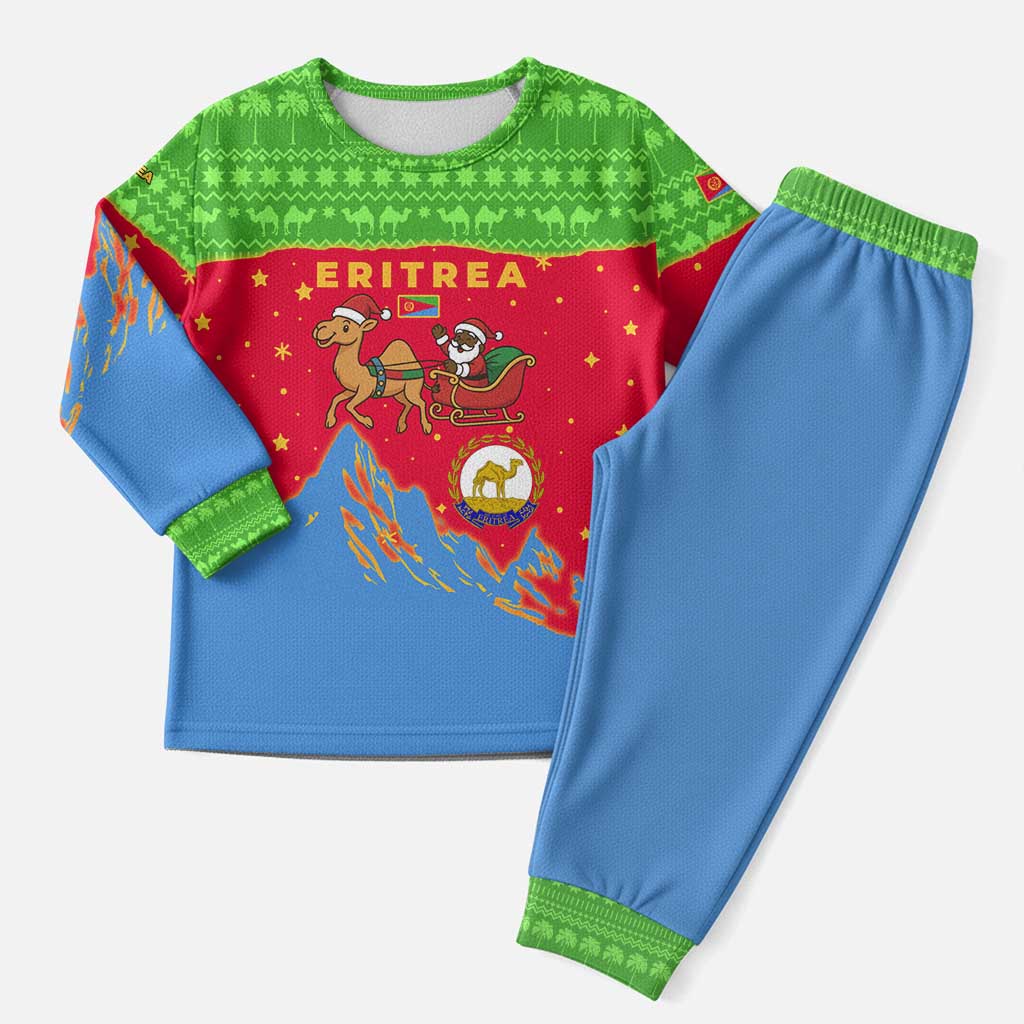 Eritrea Christmas Pajama Set with Santa Claus Camel Sleigh National Emblem and Red Green Blue Pattern - Wonder Print Shop