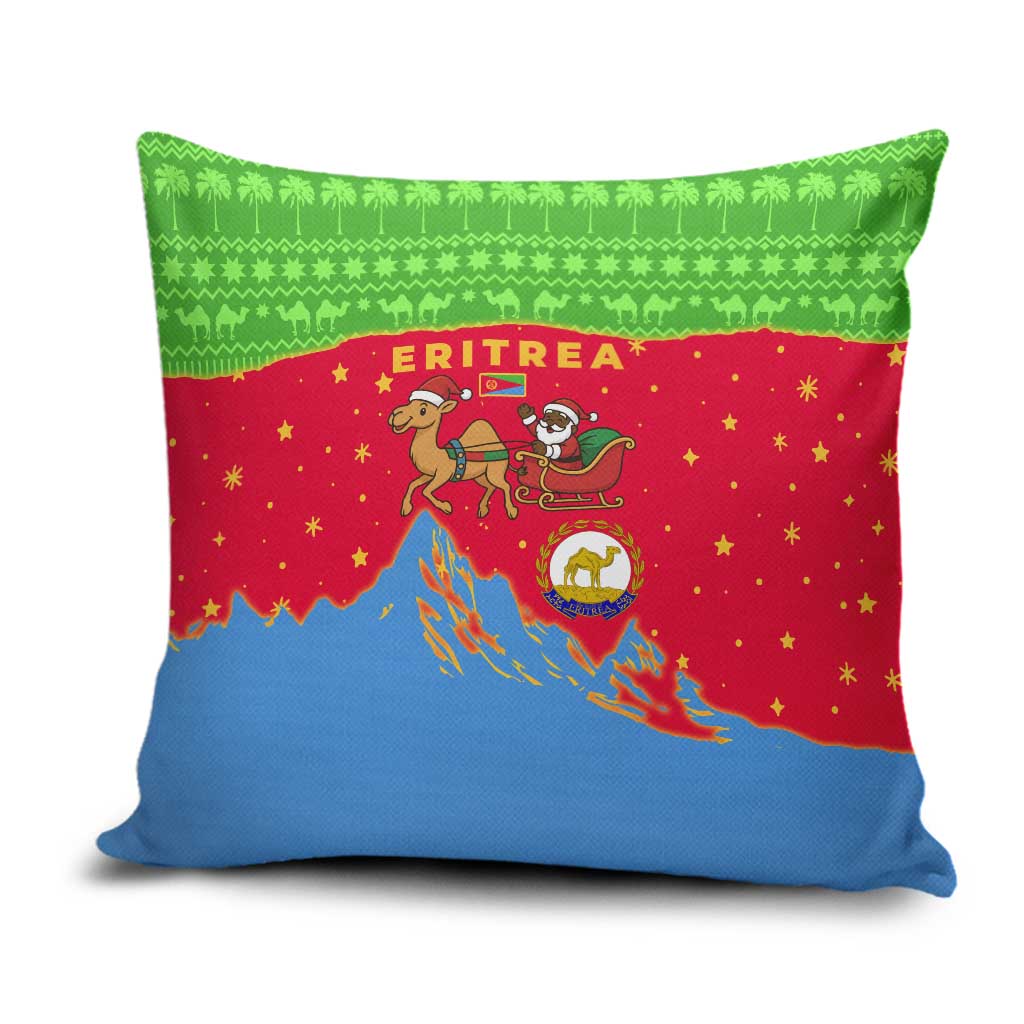 Eritrea Christmas Pillow Cover with Santa Claus Camel Sleigh National Emblem and Red Green Blue Pattern - Wonder Print Shop