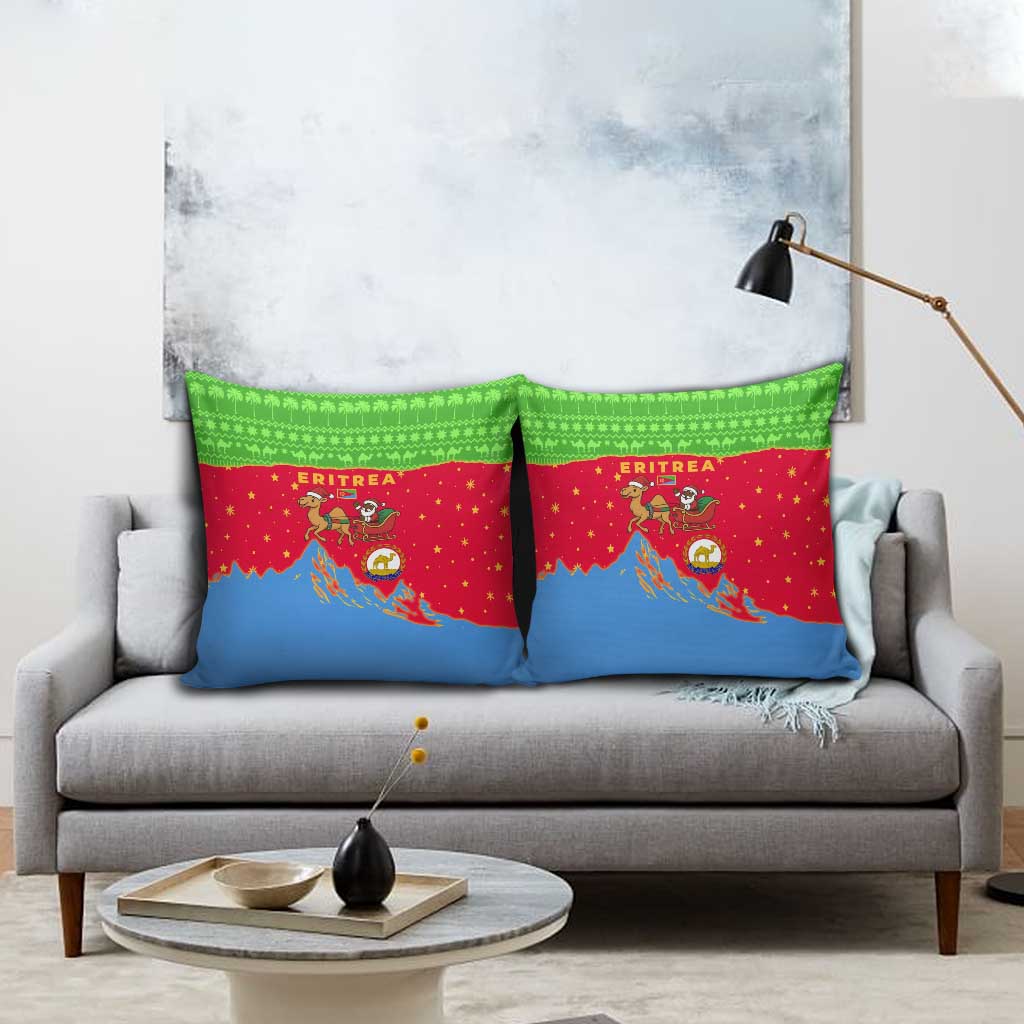 Eritrea Christmas Pillow Cover with Santa Claus Camel Sleigh National Emblem and Red Green Blue Pattern - Wonder Print Shop