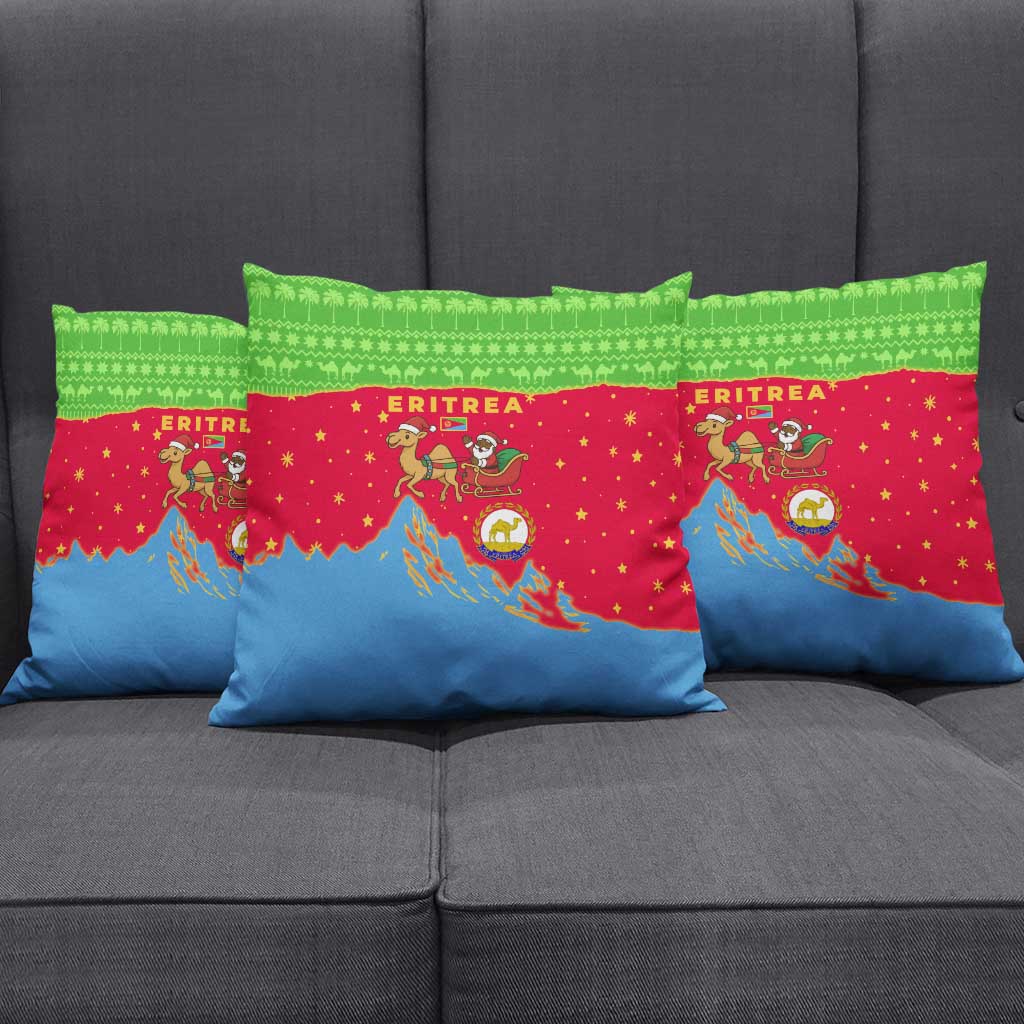 Eritrea Christmas Pillow Cover with Santa Claus Camel Sleigh National Emblem and Red Green Blue Pattern - Wonder Print Shop