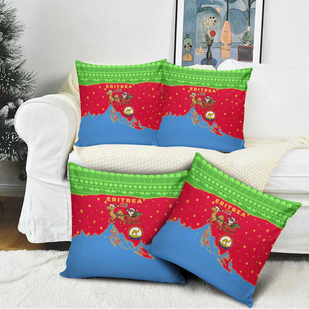 Eritrea Christmas Pillow Cover with Santa Claus Camel Sleigh National Emblem and Red Green Blue Pattern - Wonder Print Shop