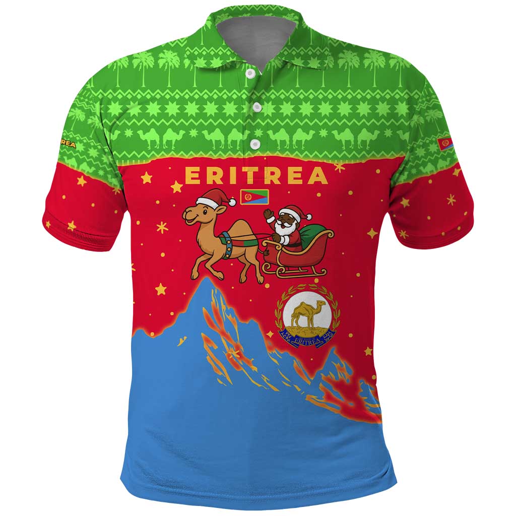 Eritrea Christmas Polo Shirt with Santa Claus Camel Sleigh National Emblem and Red Green Blue Pattern - Wonder Print Shop