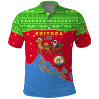 Eritrea Christmas Polo Shirt with Santa Claus Camel Sleigh National Emblem and Red Green Blue Pattern - Wonder Print Shop