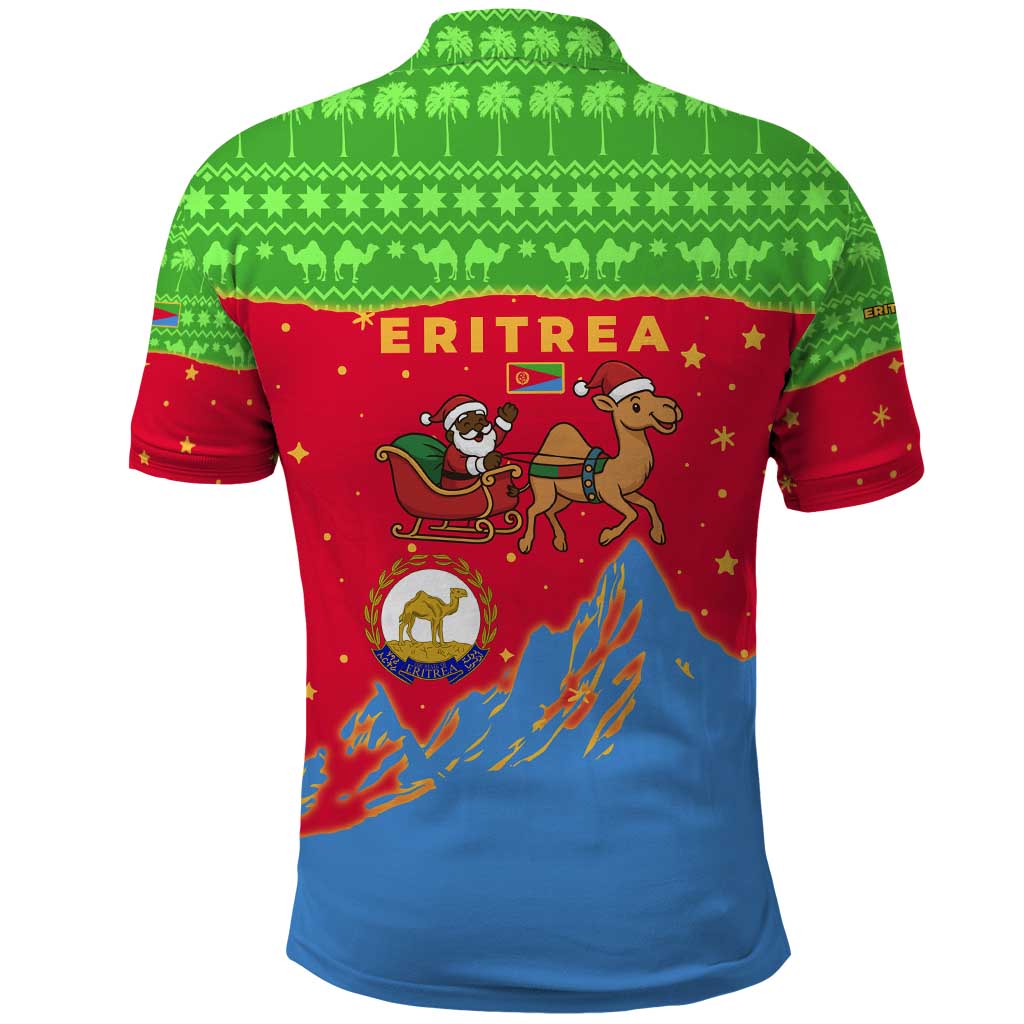 Eritrea Christmas Polo Shirt with Santa Claus Camel Sleigh National Emblem and Red Green Blue Pattern - Wonder Print Shop