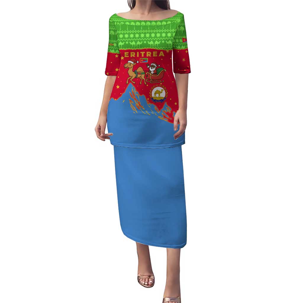 Eritrea Christmas Puletasi with Santa Claus Camel Sleigh National Emblem and Red Green Blue Pattern - Wonder Print Shop