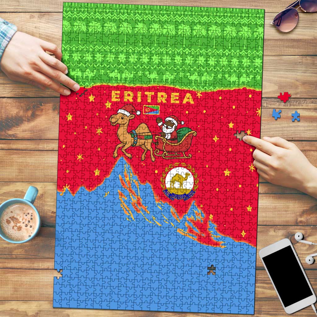 Eritrea Christmas Puzzle with Santa Claus Camel Sleigh National Emblem and Red Green Blue Pattern - Wonder Print Shop