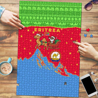 Eritrea Christmas Puzzle with Santa Claus Camel Sleigh National Emblem and Red Green Blue Pattern - Wonder Print Shop