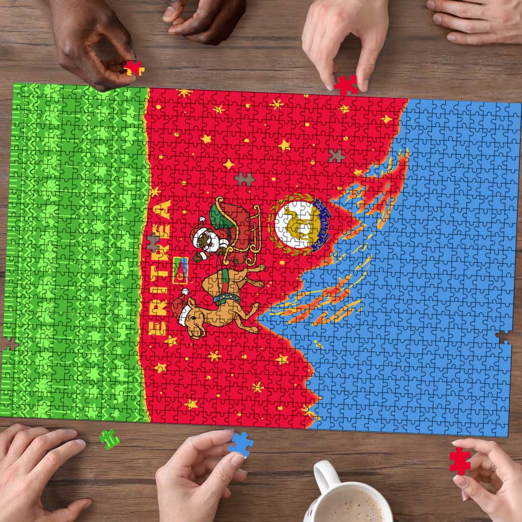 Eritrea Christmas Puzzle with Santa Claus Camel Sleigh National Emblem and Red Green Blue Pattern - Wonder Print Shop
