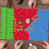Eritrea Christmas Puzzle with Santa Claus Camel Sleigh National Emblem and Red Green Blue Pattern - Wonder Print Shop