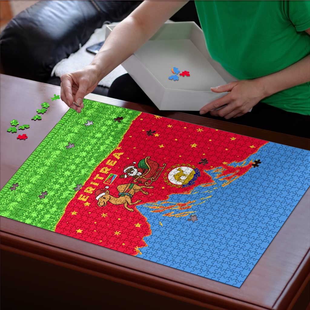 Eritrea Christmas Puzzle with Santa Claus Camel Sleigh National Emblem and Red Green Blue Pattern - Wonder Print Shop
