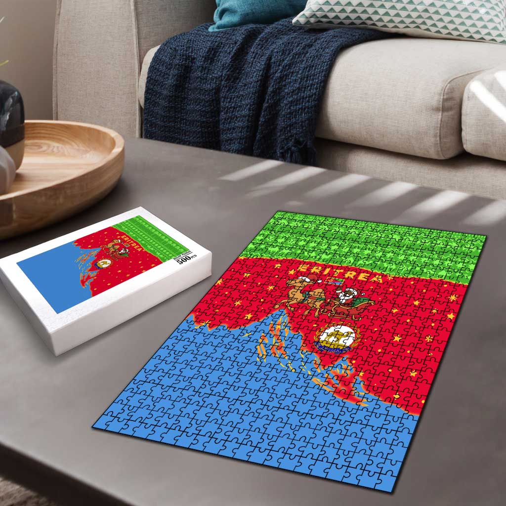 Eritrea Christmas Puzzle with Santa Claus Camel Sleigh National Emblem and Red Green Blue Pattern - Wonder Print Shop