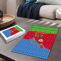 Eritrea Christmas Puzzle with Santa Claus Camel Sleigh National Emblem and Red Green Blue Pattern - Wonder Print Shop