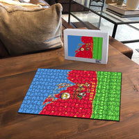 Eritrea Christmas Puzzle with Santa Claus Camel Sleigh National Emblem and Red Green Blue Pattern - Wonder Print Shop