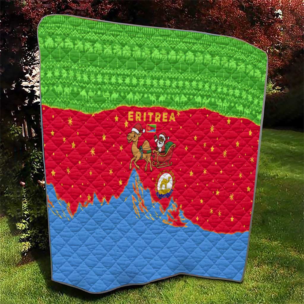 Eritrea Christmas Quilt with Santa Claus Camel Sleigh National Emblem and Red Green Blue Pattern - Wonder Print Shop