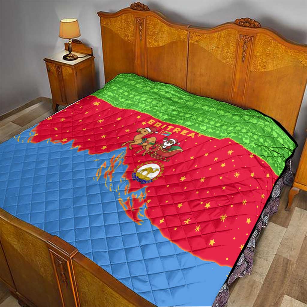 Eritrea Christmas Quilt with Santa Claus Camel Sleigh National Emblem and Red Green Blue Pattern - Wonder Print Shop