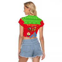 Eritrea Christmas Raglan Cropped T Shirt with Santa Claus Camel Sleigh National Emblem and Red Green Blue Pattern - Wonder Print Shop