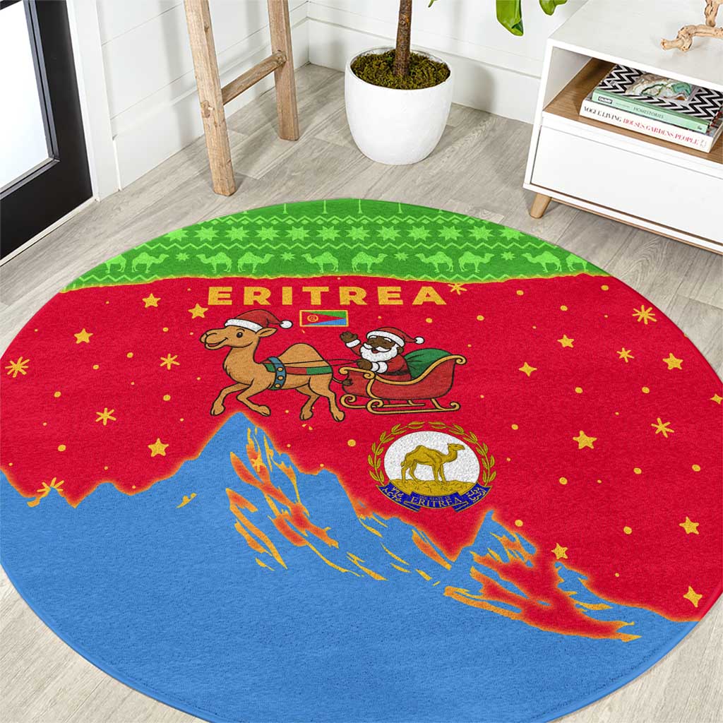 Eritrea Christmas Round Carpet with Santa Claus Camel Sleigh National Emblem and Red Green Blue Pattern - Wonder Print Shop
