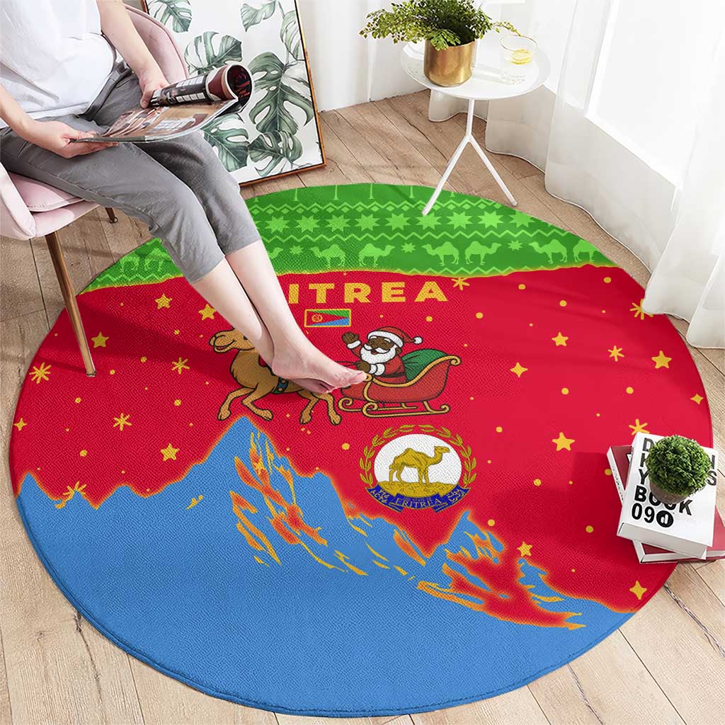 Eritrea Christmas Round Carpet with Santa Claus Camel Sleigh National Emblem and Red Green Blue Pattern - Wonder Print Shop