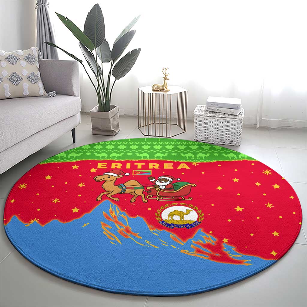 Eritrea Christmas Round Carpet with Santa Claus Camel Sleigh National Emblem and Red Green Blue Pattern - Wonder Print Shop