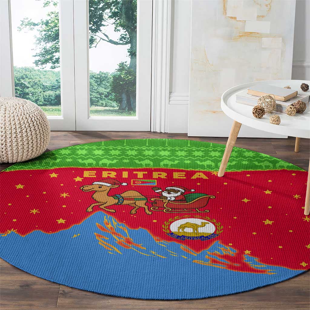Eritrea Christmas Round Carpet with Santa Claus Camel Sleigh National Emblem and Red Green Blue Pattern - Wonder Print Shop