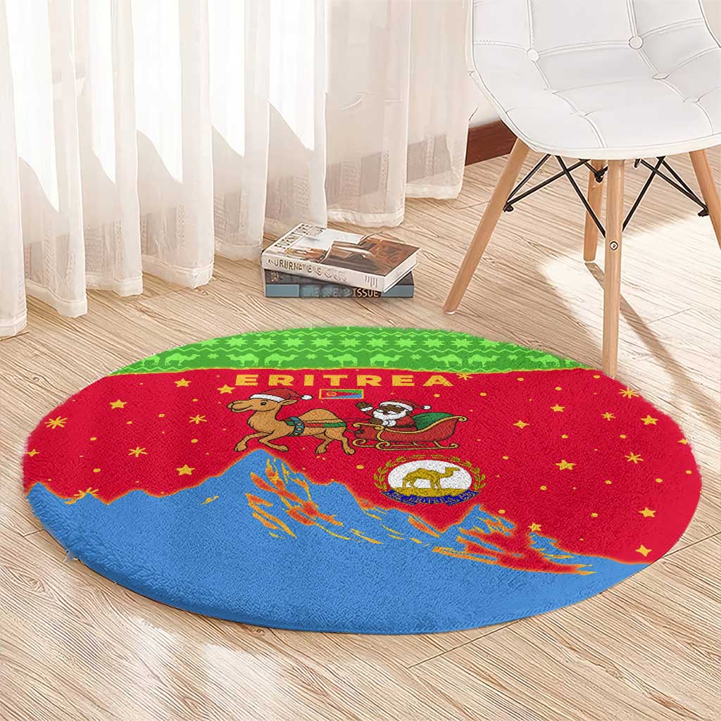 Eritrea Christmas Round Carpet with Santa Claus Camel Sleigh National Emblem and Red Green Blue Pattern - Wonder Print Shop