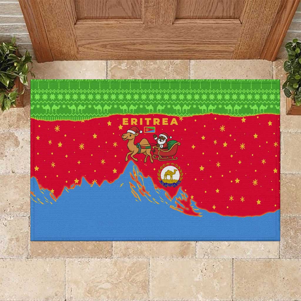 Eritrea Christmas Rubber Doormat with Santa Claus Camel Sleigh National Emblem and Red Green Blue Pattern - Wonder Print Shop