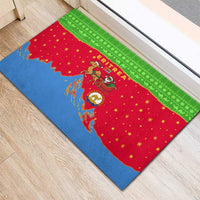 Eritrea Christmas Rubber Doormat with Santa Claus Camel Sleigh National Emblem and Red Green Blue Pattern - Wonder Print Shop