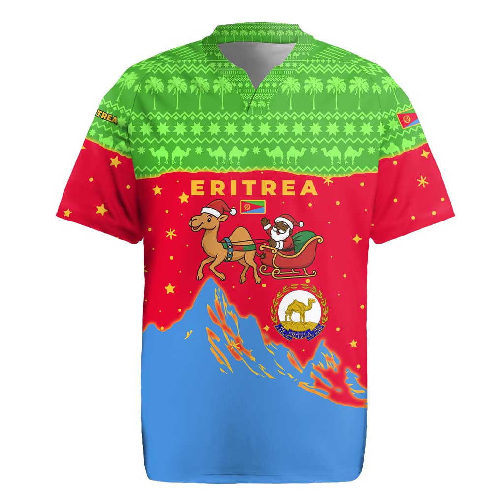 Eritrea Christmas Rugby Jersey with Santa Claus Camel Sleigh National Emblem and Red Green Blue Pattern - Wonder Print Shop