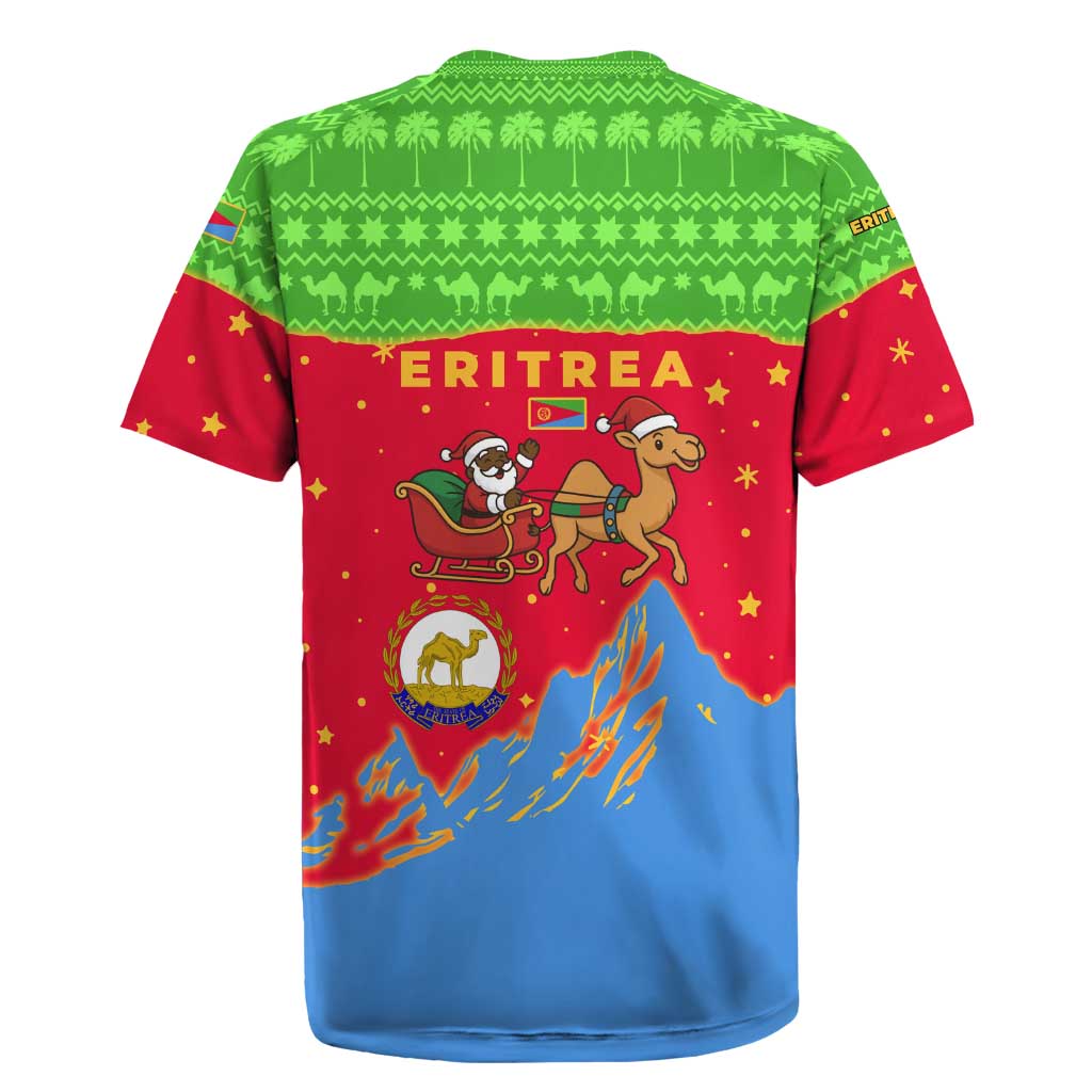 Eritrea Christmas Rugby Jersey with Santa Claus Camel Sleigh National Emblem and Red Green Blue Pattern - Wonder Print Shop