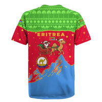 Eritrea Christmas Rugby Jersey with Santa Claus Camel Sleigh National Emblem and Red Green Blue Pattern - Wonder Print Shop