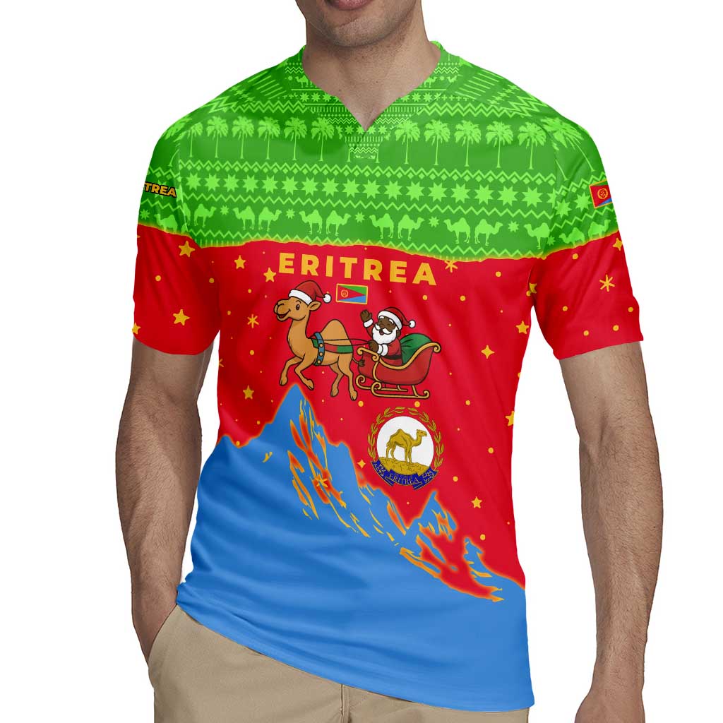 Eritrea Christmas Rugby Jersey with Santa Claus Camel Sleigh National Emblem and Red Green Blue Pattern - Wonder Print Shop