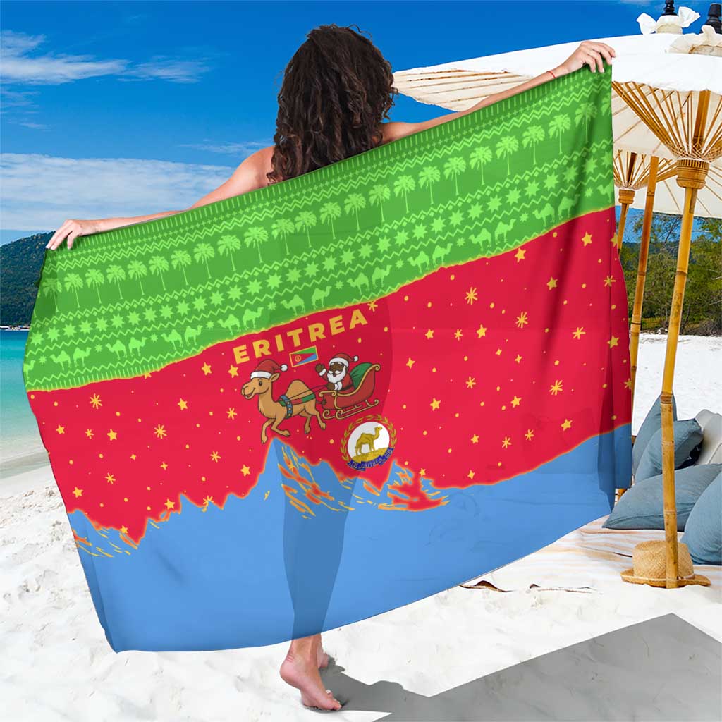 Eritrea Christmas Sarong with Santa Claus Camel Sleigh National Emblem and Red Green Blue Pattern - Wonder Print Shop