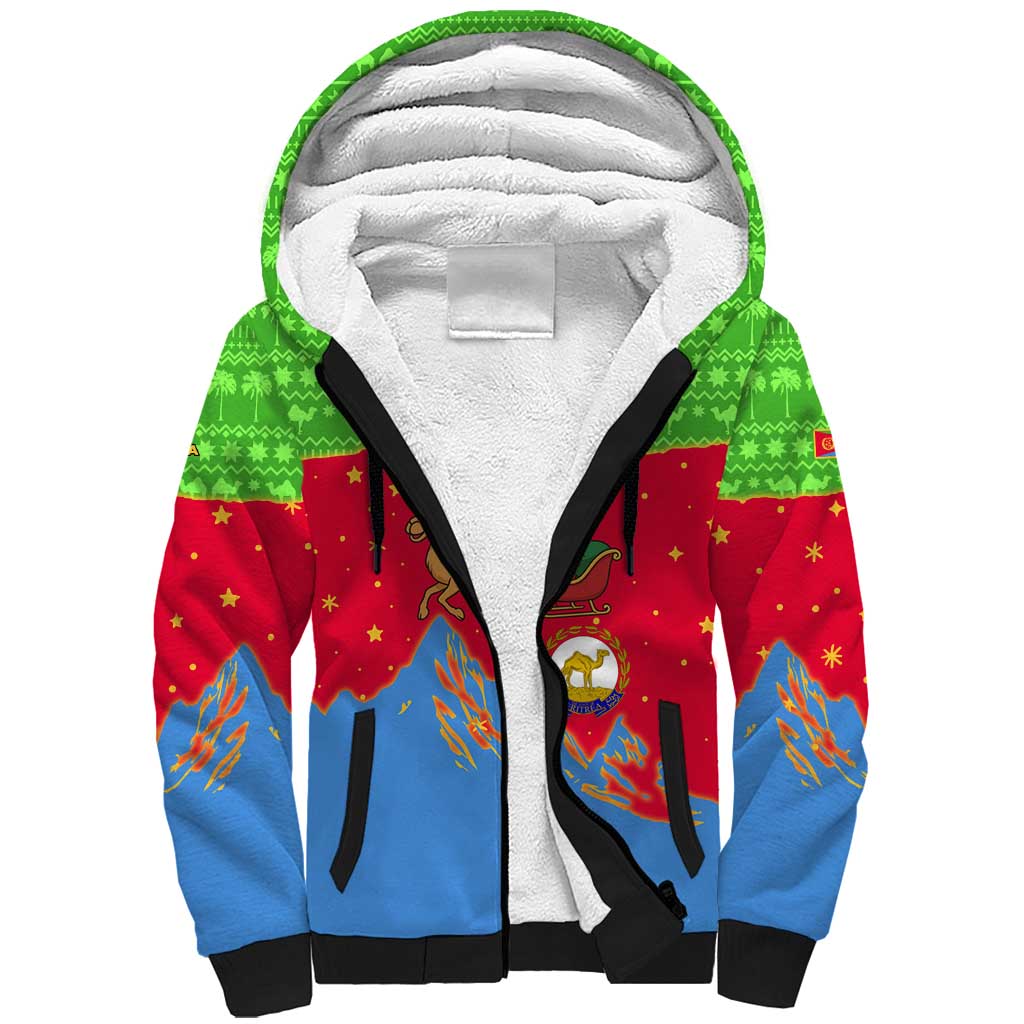 Eritrea Christmas Sherpa Hoodie with Santa Claus Camel Sleigh National Emblem and Red Green Blue Pattern - Wonder Print Shop