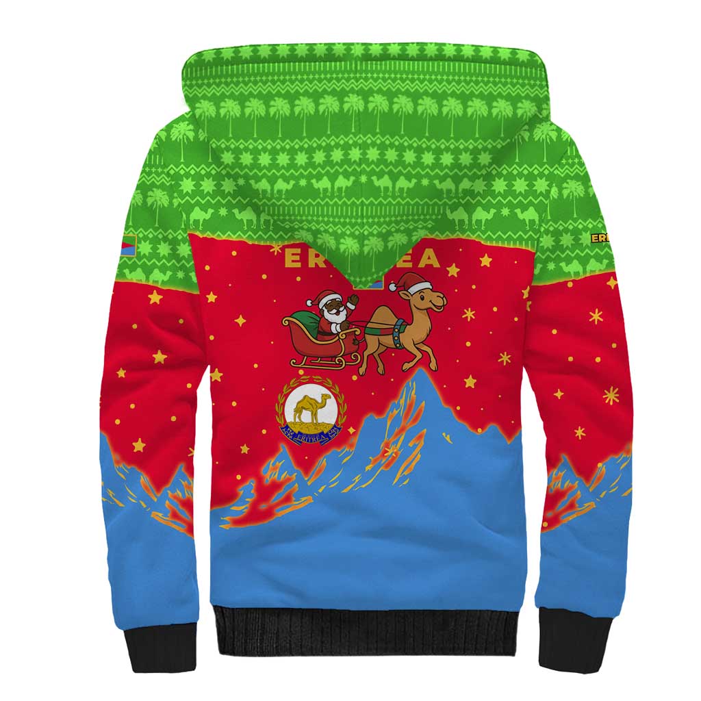 Eritrea Christmas Sherpa Hoodie with Santa Claus Camel Sleigh National Emblem and Red Green Blue Pattern - Wonder Print Shop
