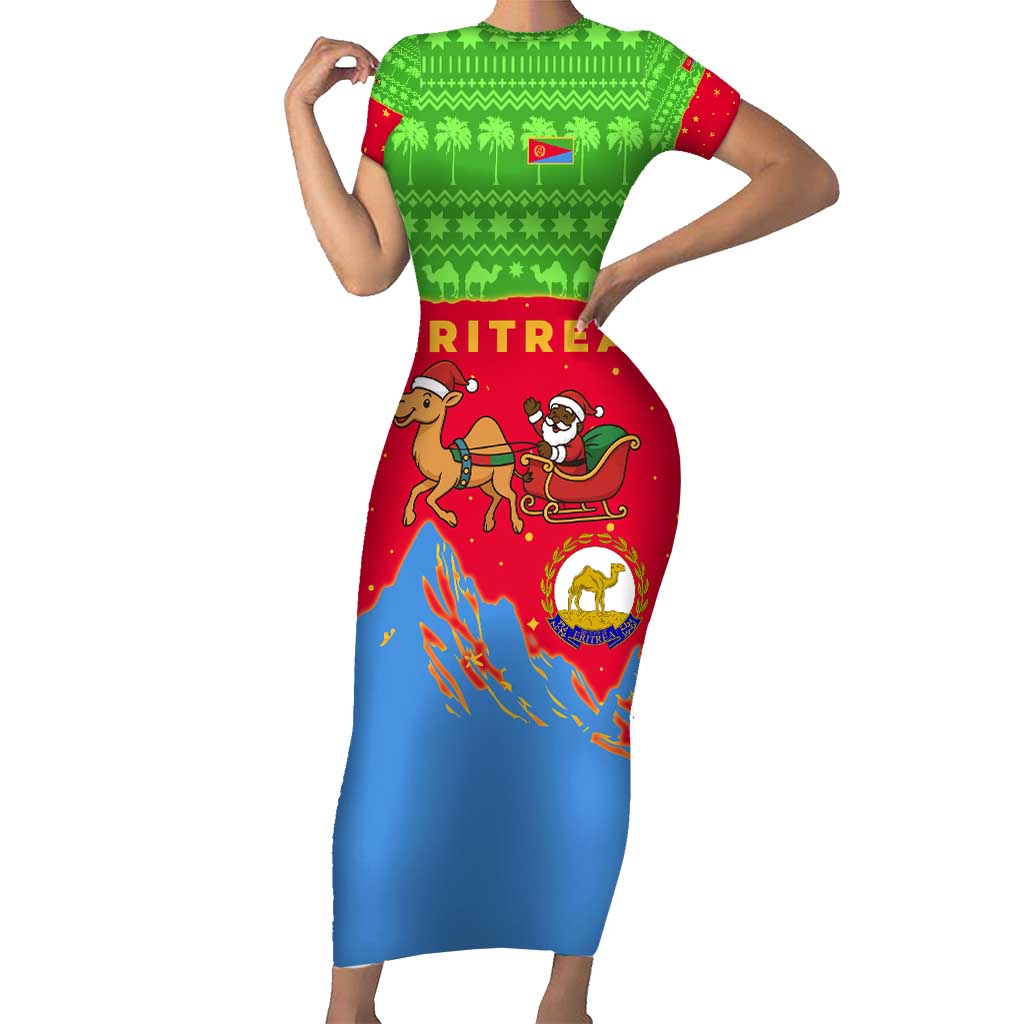Eritrea Christmas Short Sleeve Bodycon Dress with Santa Claus Camel Sleigh National Emblem and Red Green Blue Pattern - Wonder Print Shop