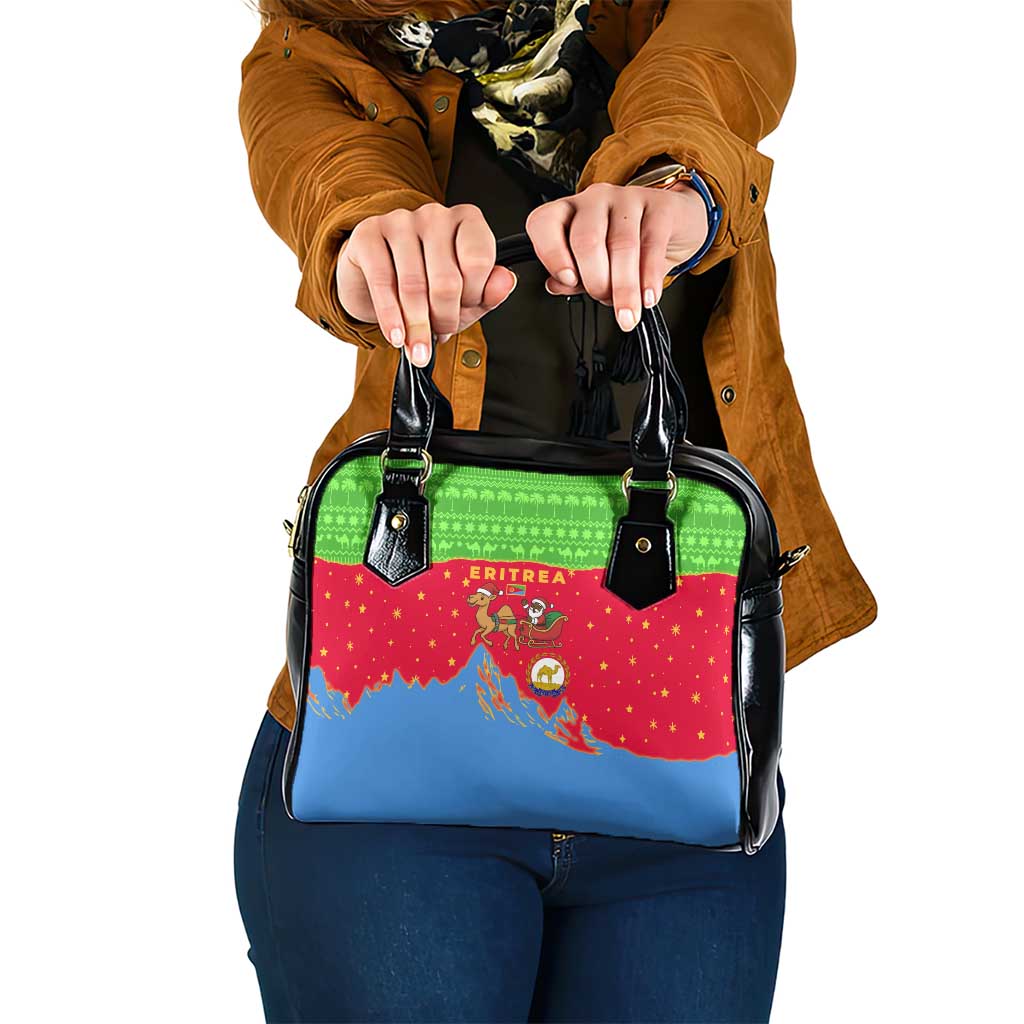 Eritrea Christmas Shoulder Handbag with Santa Claus Camel Sleigh National Emblem and Red Green Blue Pattern - Wonder Print Shop