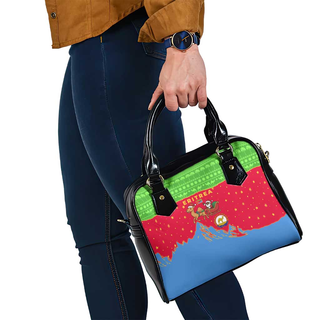 Eritrea Christmas Shoulder Handbag with Santa Claus Camel Sleigh National Emblem and Red Green Blue Pattern - Wonder Print Shop