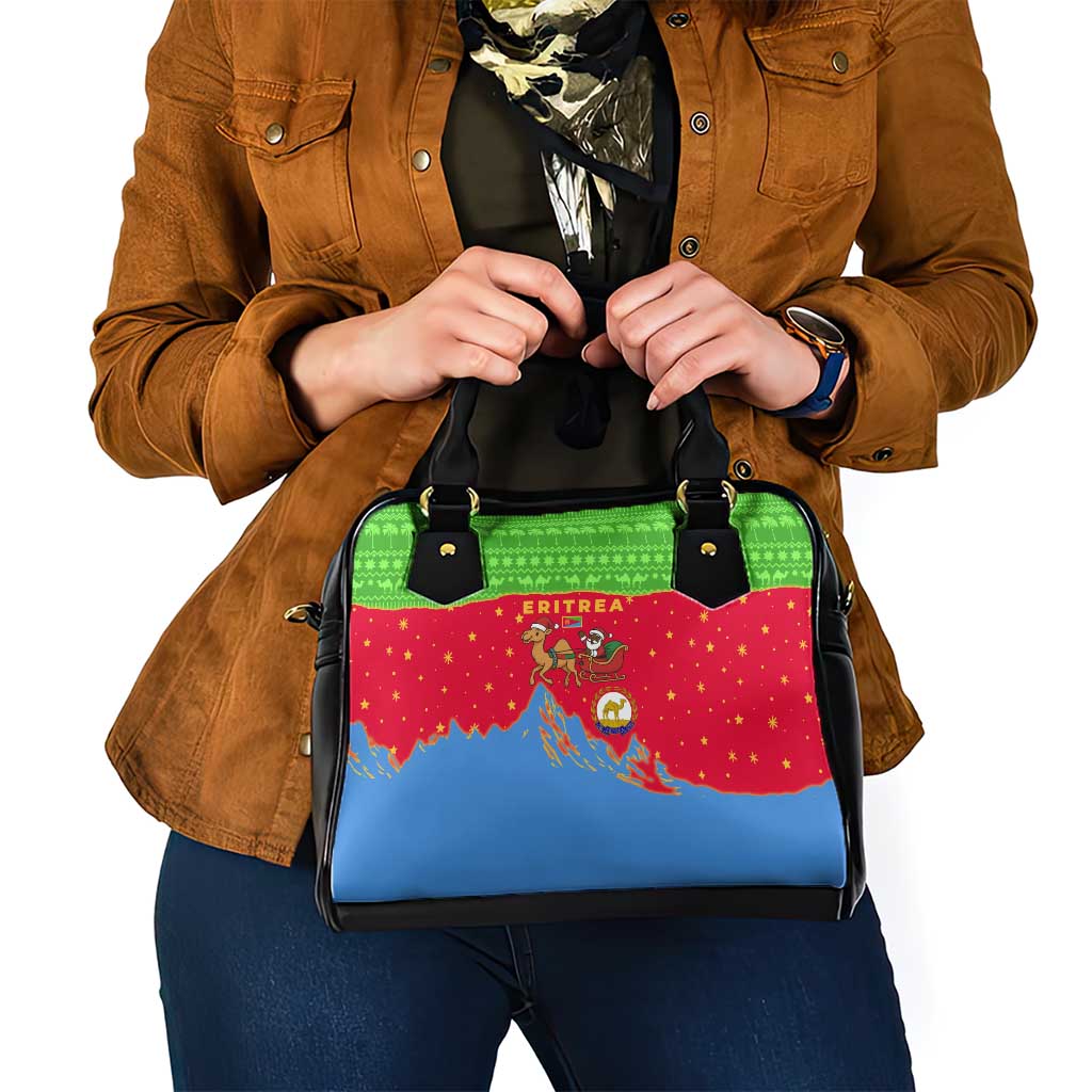 Eritrea Christmas Shoulder Handbag with Santa Claus Camel Sleigh National Emblem and Red Green Blue Pattern - Wonder Print Shop