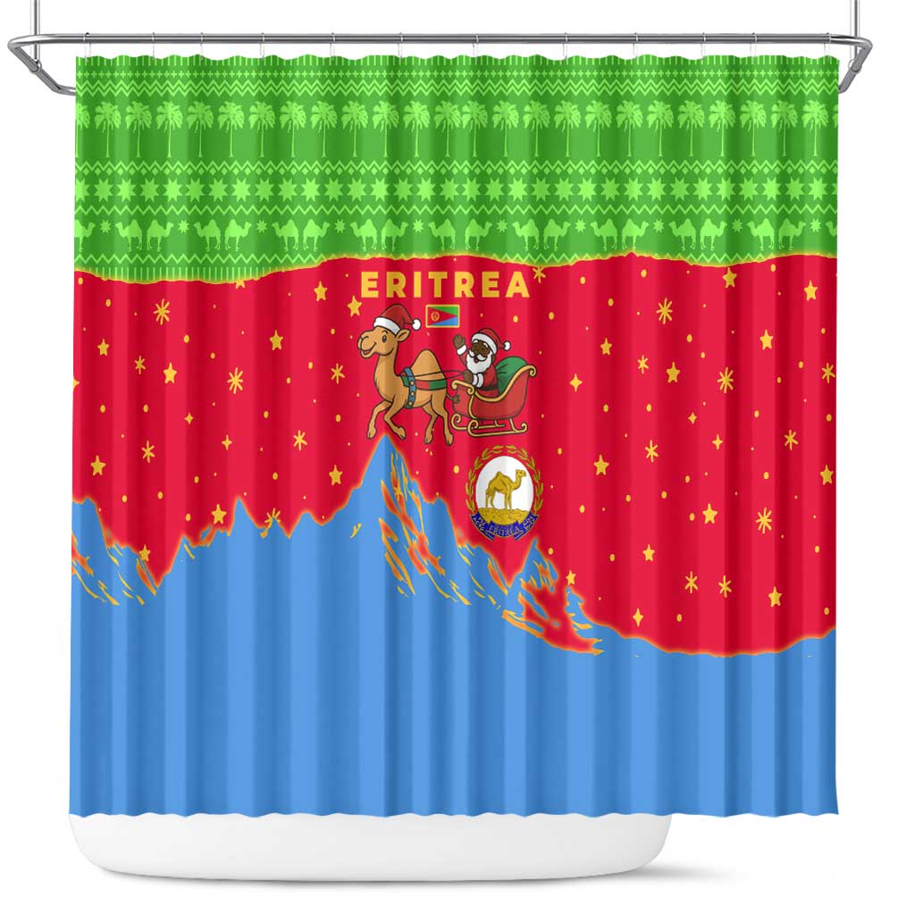 Eritrea Christmas Shower Curtain with Santa Claus Camel Sleigh National Emblem and Red Green Blue Pattern - Wonder Print Shop