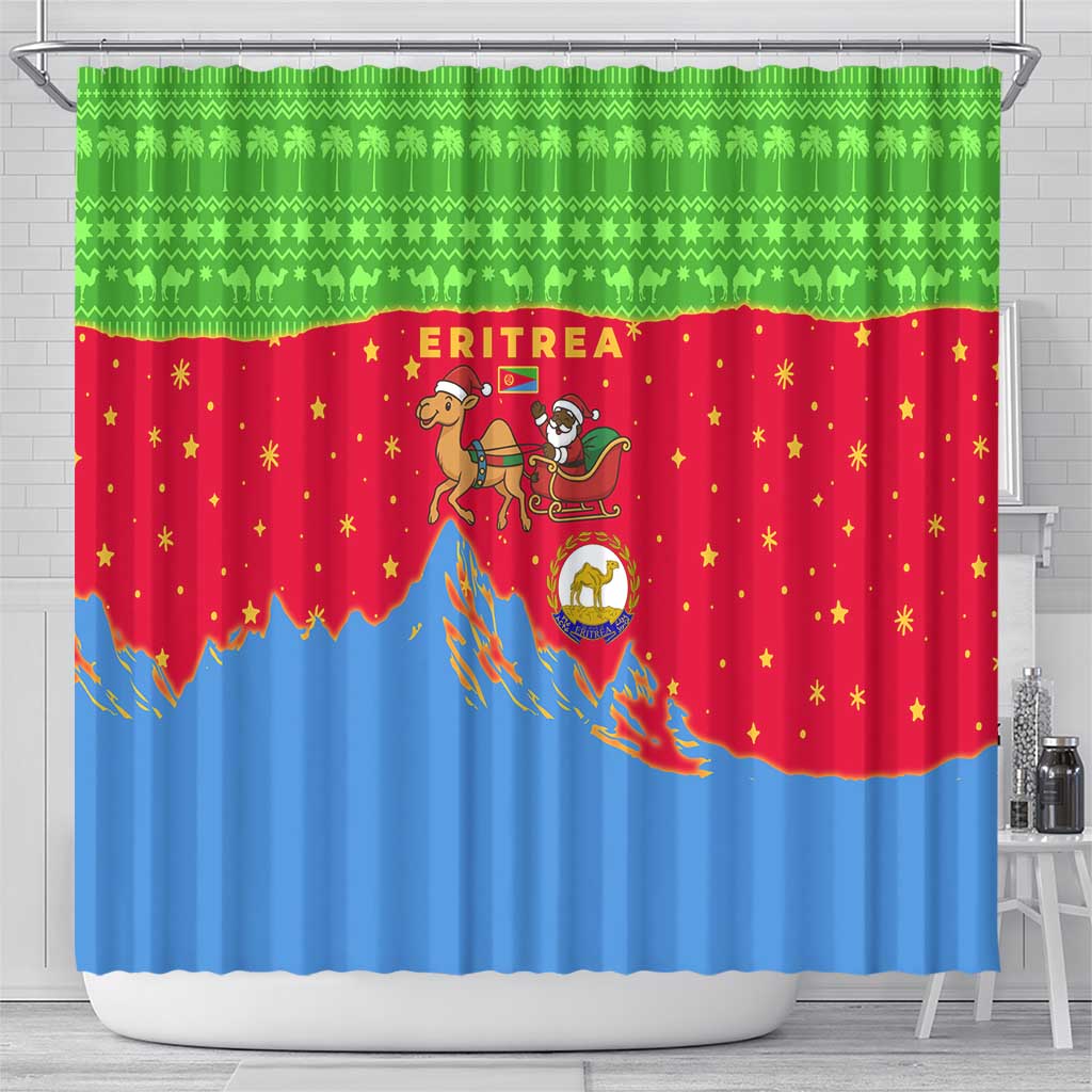 Eritrea Christmas Shower Curtain with Santa Claus Camel Sleigh National Emblem and Red Green Blue Pattern - Wonder Print Shop