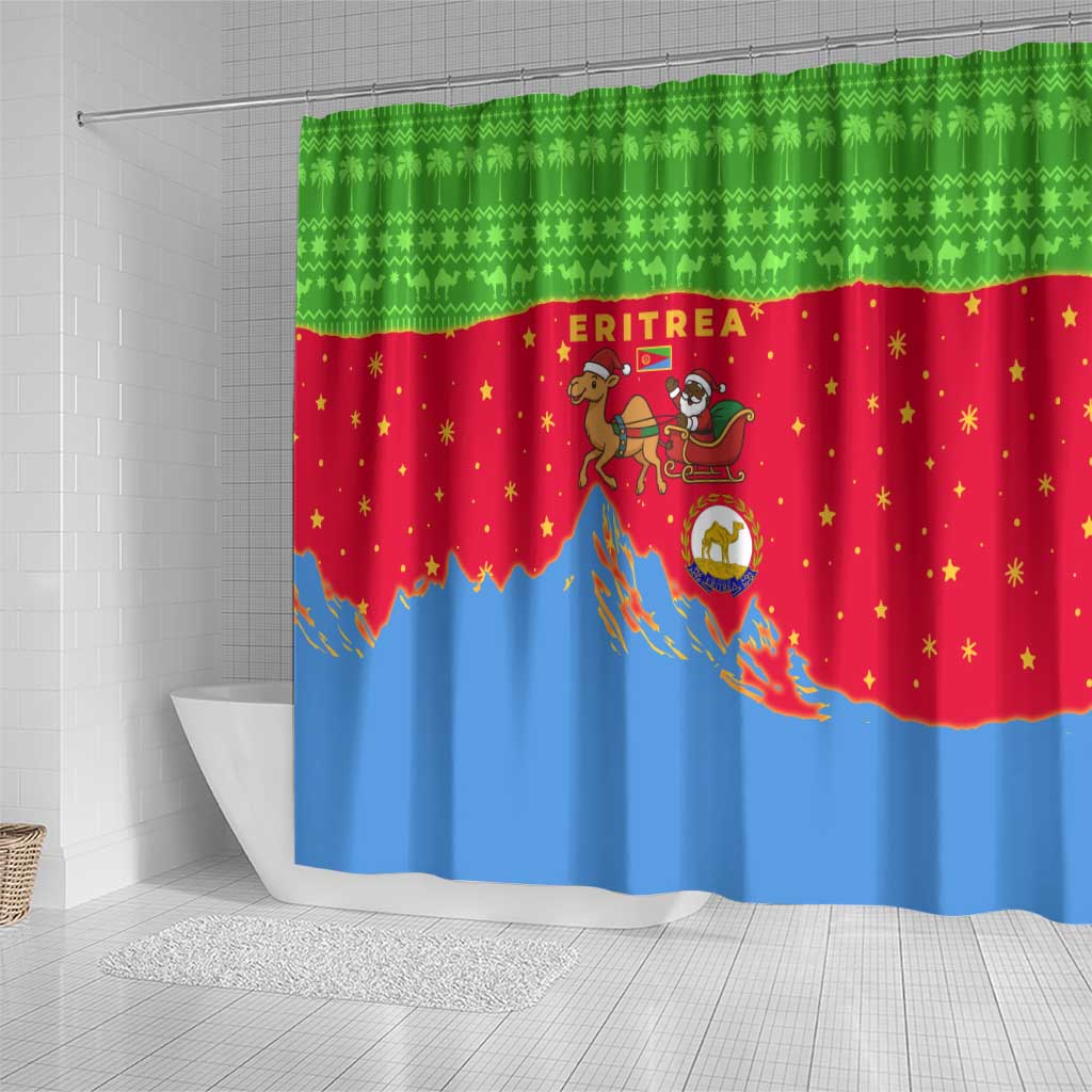 Eritrea Christmas Shower Curtain with Santa Claus Camel Sleigh National Emblem and Red Green Blue Pattern - Wonder Print Shop