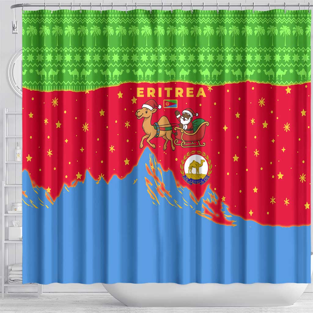 Eritrea Christmas Shower Curtain with Santa Claus Camel Sleigh National Emblem and Red Green Blue Pattern - Wonder Print Shop