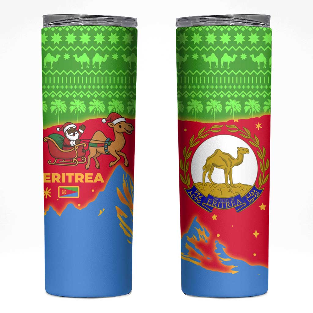Eritrea Christmas Skinny Tumbler with Santa Claus Camel Sleigh National Emblem and Red Green Blue Pattern - Wonder Print Shop